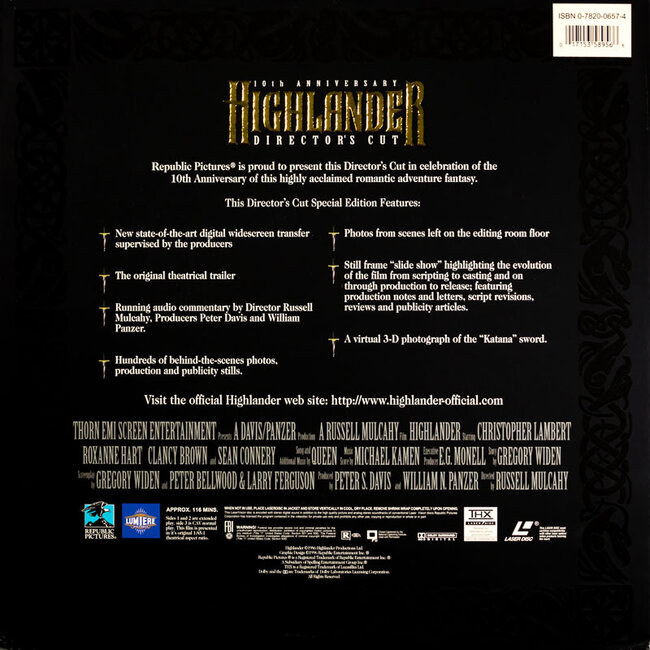 Highlander: 10th Anniversary Director's Cut (1986) (Uncut) CLV/CAV Laserdisc