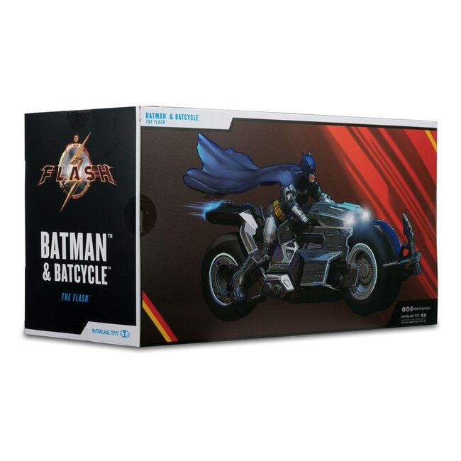 Das Flash DC Multiverse Fahrzeug Batcycle mit Batman