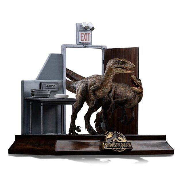 Iron Studios Jurassic Park Kunststatue im Maßstab 1:10: Raptoren an der Küchentür, 28 cm