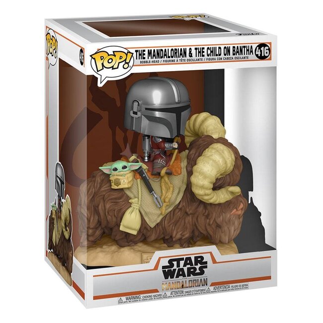 Star Wars The Mandalorian POP! Deluxe Vinylfigur: Der Mandalorianer auf Wantha mit Kind im Beutel (9 cm)