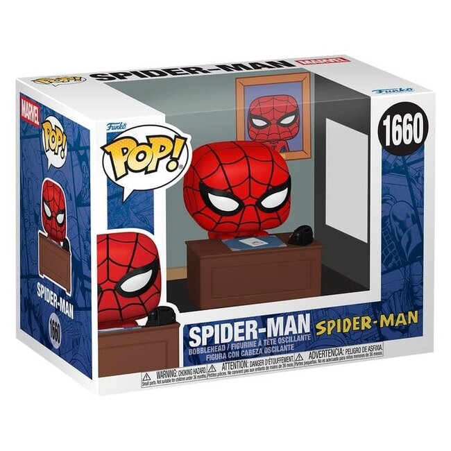 Marvel POP! Premium Vinylfigur Meme – Spider-Man mit Schreibtisch, 9 cm