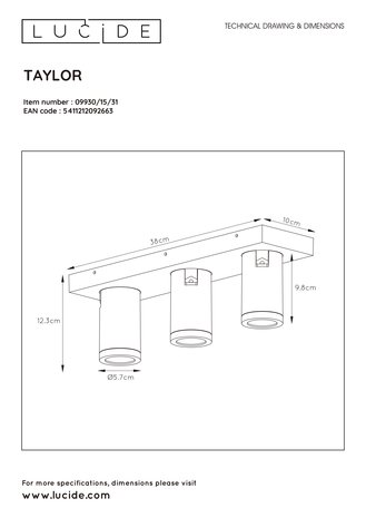 Lucide TAYLOR - Spot plafond Salle de bains - LED Dim to warm - GU10 - 3x5W  2200K/3000K - IP44 - Blanc