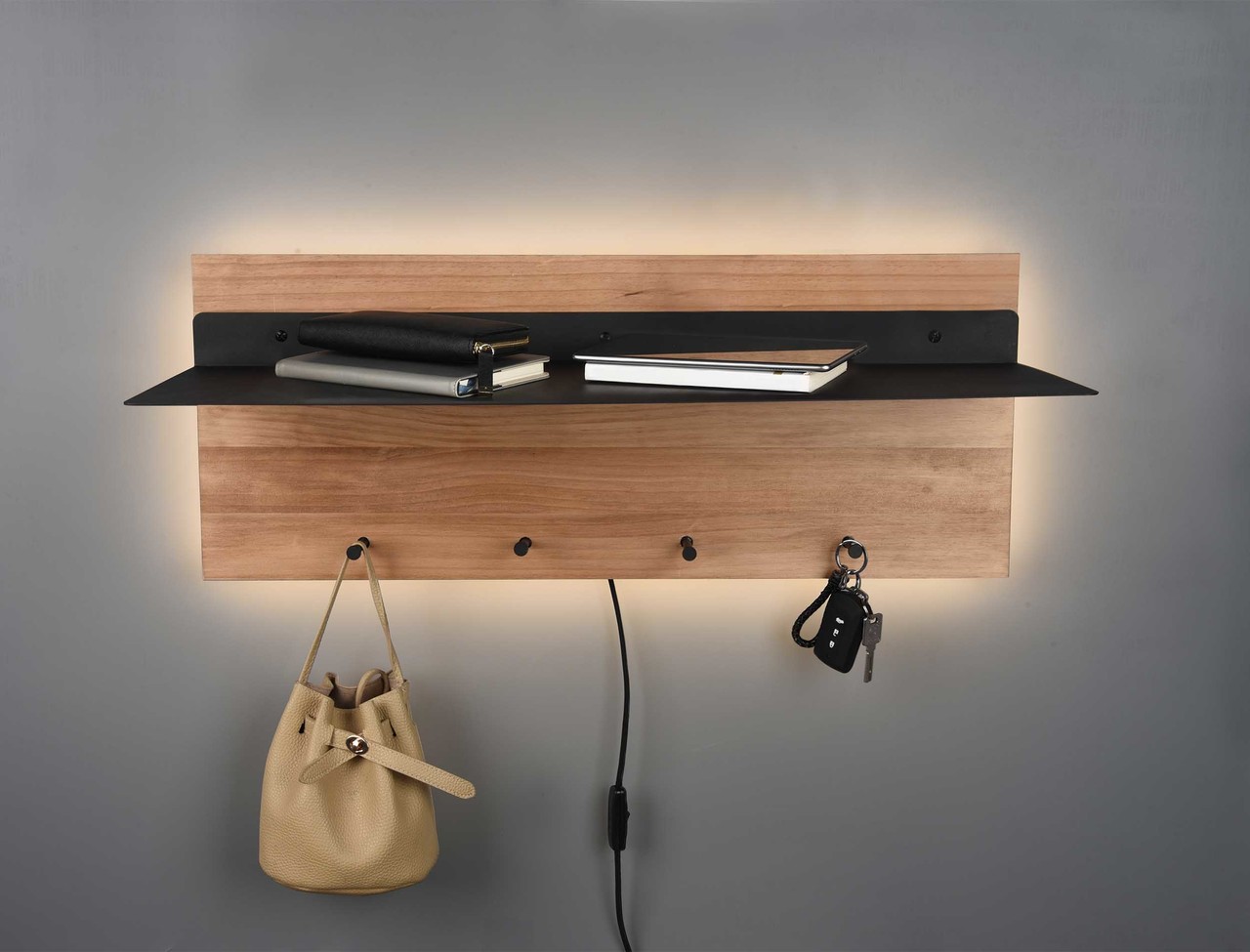 Mirrors and more Kapstok Romy LED 75 x 30 cm 4 haken en legplank Hout Mirrors and more Kapstok Romy LED 75 x 30 cm 4 haken en legplank Hout