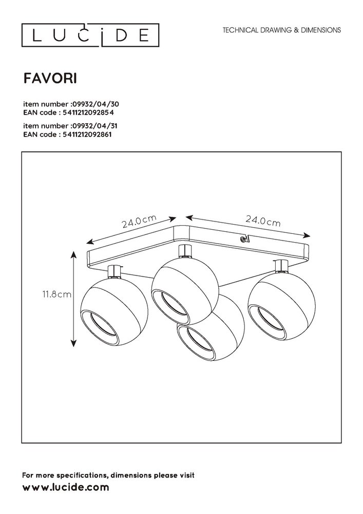 Lucide FAVORI - Plafondspot - 4xGU10 - Zwart Lucide FAVORI - Plafondspot - 4xGU10 - Zwart