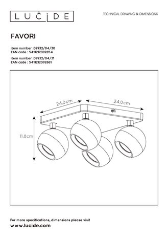 Lucide FAVORI - Plafondspot - 4xGU10 - Zwart Lucide FAVORI - Plafondspot - 4xGU10 - Zwart
