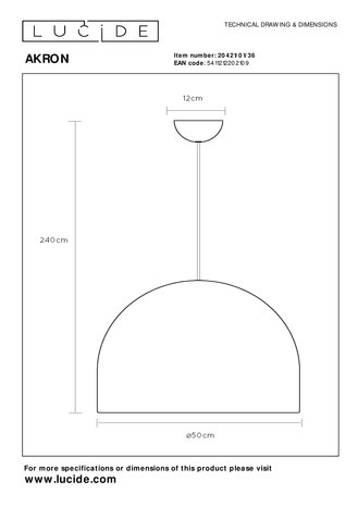 Lucide AKRON - Hanglamp - Ø 50 cm - 1xE27 - Grijs Lucide AKRON - Hanglamp - Ø 50 cm - 1xE27 - Grijs