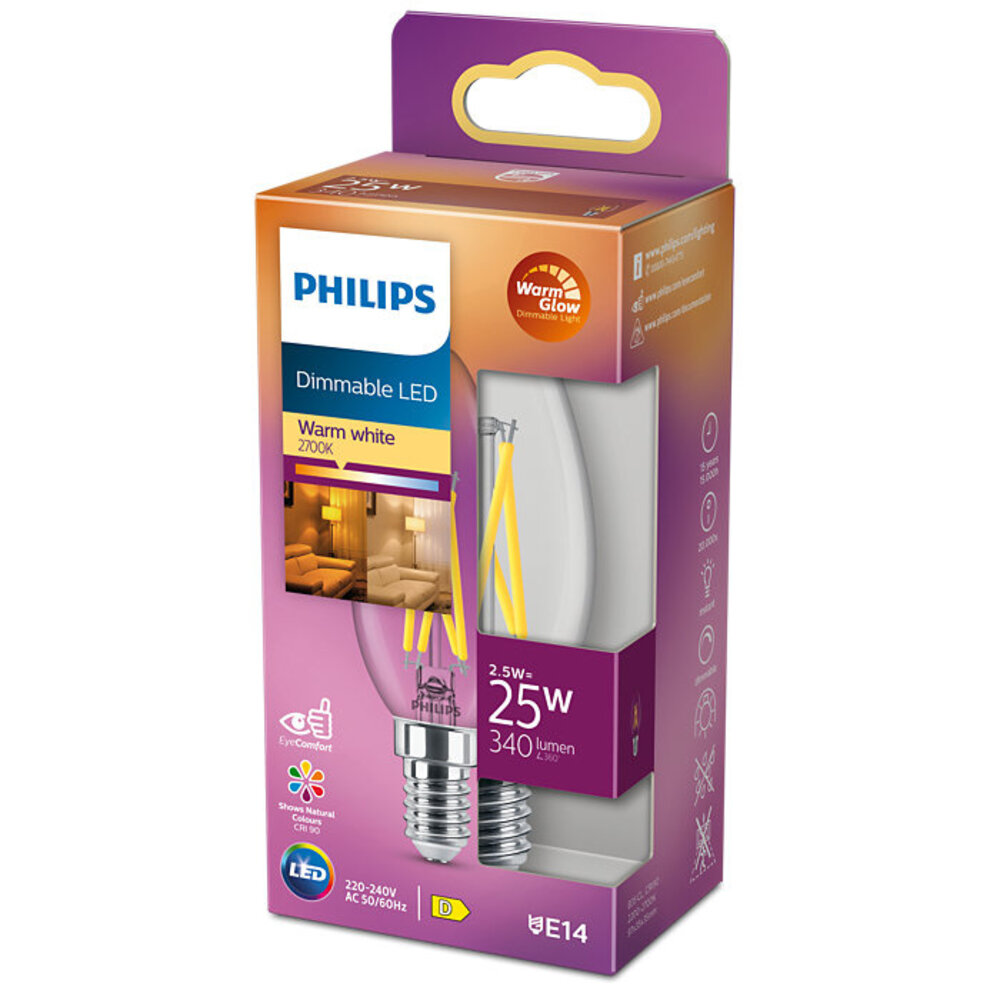 Philips LED E14 kaars 25-2.5 Watt Philips warmglow filament DIM Philips LED E14 kaars 25-2.5 Watt Philips warmglow filament DIM