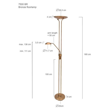 Mexlite Vloerlamp Biron H 180 cm DIM brons