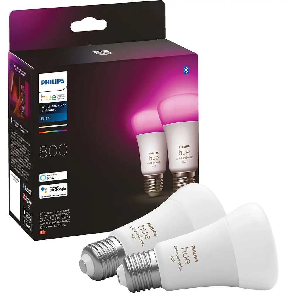 Philips HUE Lichtbron E27 800 Lumen White and color Ambiance 2 pack Philips HUE Lichtbron E27 800 Lumen White and color Ambiance 2 pack