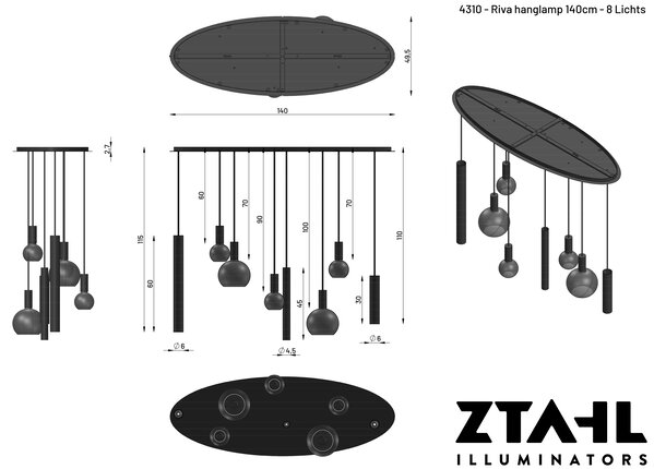 Ztahl Hanglamp Riva 8 lichts ovaal L 140 cm zwart Ztahl Hanglamp Riva 8 lichts ovaal L 140 cm zwart