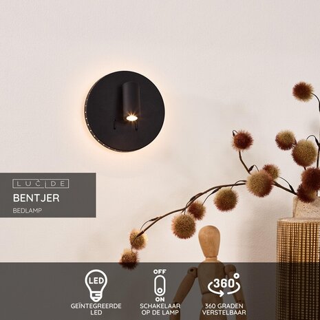 Lucide BENTJER - Bedlamp / Wandlamp - Ø 14 cm - LED - 3000K - Zwart Lucide BENTJER - Bedlamp / Wandlamp - Ø 14 cm - LED - 3000K - Zwart
