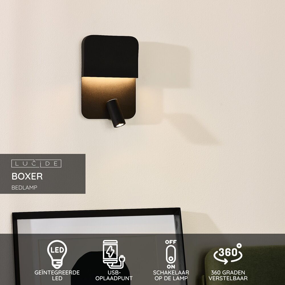 Lucide BOXER - Bedlamp / Wandlamp - LED - 3000K - Met USB oplaadpunt - Zwart