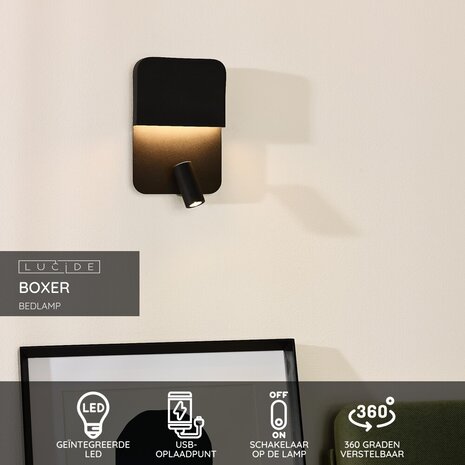 Lucide BOXER - Bedlamp / Wandlamp - LED - 3000K - Met USB oplaadpunt - Zwart