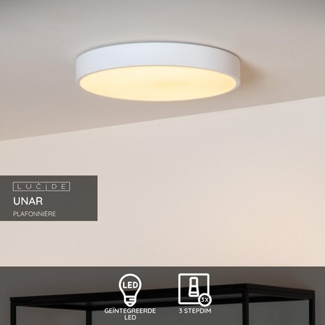 Lucide UNAR - Plafonnière - Ø 30 cm - LED 3 StepDim (Memory) - 1x18W 2700K - Wit Lucide UNAR - Plafonnière - Ø 30 cm - LED 3 StepDim (Memory) - 1x18W 2700K - Wit
