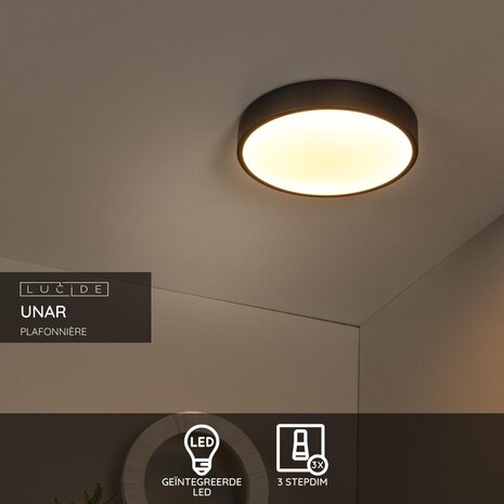 Lucide UNAR - Plafonnière - Ø 30 cm - LED 3 StepDim (Memory) - 1x18W 2700K - Zwart Lucide UNAR - Plafonnière - Ø 30 cm - LED 3 StepDim (Memory) - 1x18W 2700K - Zwart