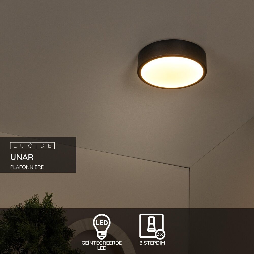 Lucide UNAR - Plafonnière - Ø 20 cm - LED 3 StepDim (Memory) - 1x12W 2700K - Zwart