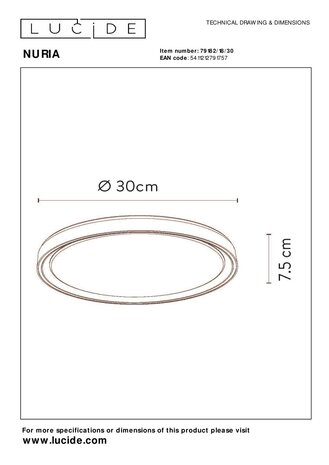 Lucide NURIA - Plafonnière - Ø 30 cm - LED 3 StepDim - 1x18W 2700K - Zwart