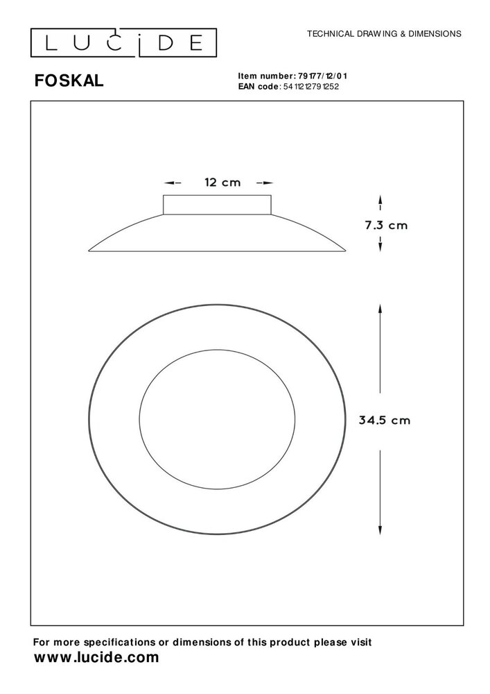 Lucide FOSKAL - Plafonnière - Ø 34,5 cm - LED - 1x12W 2700K - Messing Lucide FOSKAL - Plafonnière - Ø 34,5 cm - LED - 1x12W 2700K - Messing