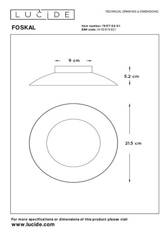 Lucide FOSKAL - Plafonnière - Ø 21,5 cm - LED - 1x6W 2700K - Messing Lucide FOSKAL - Plafonnière - Ø 21,5 cm - LED - 1x6W 2700K - Messing