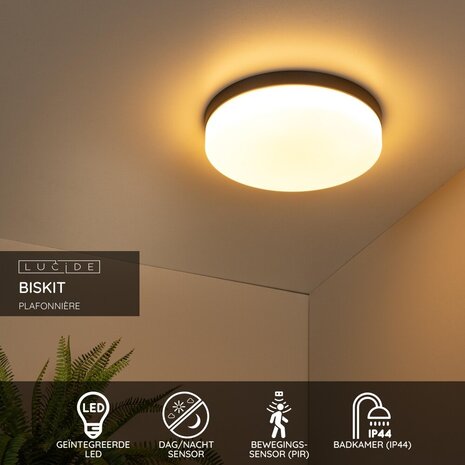 Lucide BISKIT - Plafonnière Badkamer - Ø 34,5 cm - LED - 1x24W 2700K - IP44 - Bewegingssensor - Zwart Lucide BISKIT - Plafonnière Badkamer - Ø 34,5 cm - LED - 1x24W 2700K - IP44 - Bewegingssensor - Zwart