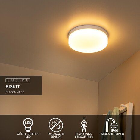 Lucide BISKIT - Plafonnière Badkamer - Ø 28 cm - LED - 1x18W 2700K - IP44 - Bewegingssensor - Wit Lucide BISKIT - Plafonnière Badkamer - Ø 28 cm - LED - 1x18W 2700K - IP44 - Bewegingssensor - Wit