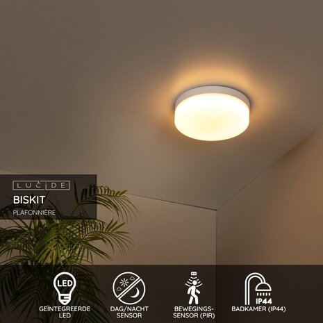 Lucide BISKIT - Plafonnière Badkamer - Ø 23 cm - LED - 1x12W 2700K - IP44 - Bewegingssensor - Wit Lucide BISKIT - Plafonnière Badkamer - Ø 23 cm - LED - 1x12W 2700K - IP44 - Bewegingssensor - Wit