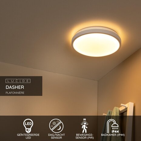 Lucide DASHER - Plafonnière Badkamer - Ø 34,8 cm - LED - 1x18W 2700K - IP44 - Beweging & dag/nacht sensor - Wit Lucide DASHER - Plafonnière Badkamer - Ø 34,8 cm - LED - 1x18W 2700K - IP44 - Beweging & dag/nacht sensor - Wit
