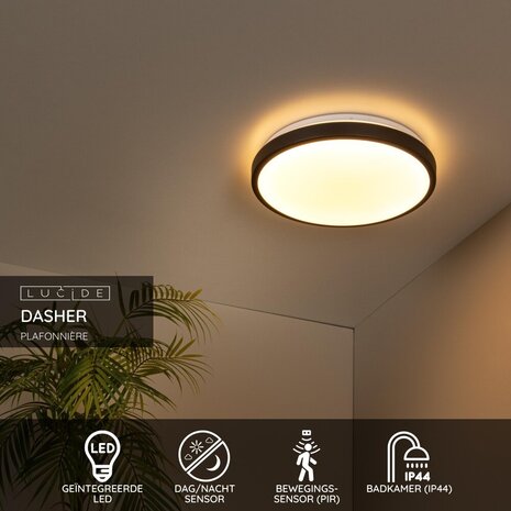 Lucide DASHER - Plafonnière Badkamer - Ø 34,8 cm - LED - 1x18W 2700K - IP44 - Beweging & dag/nacht sensor - Zwart Lucide DASHER - Plafonnière Badkamer - Ø 34,8 cm - LED - 1x18W 2700K - IP44 - Beweging & dag/nacht sensor - Zwart