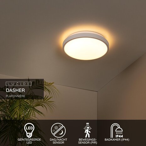 Lucide DASHER - Plafonnière Badkamer - Ø 29,3 cm - LED - 1x12W 2700K - IP44 - Beweging & dag/nacht sensor - Wit Lucide DASHER - Plafonnière Badkamer - Ø 29,3 cm - LED - 1x12W 2700K - IP44 - Beweging & dag/nacht sensor - Wit