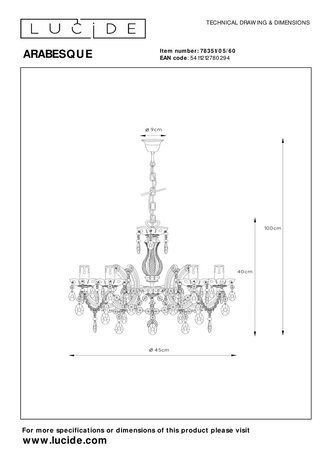 Lucide ARABESQUE - Kroonluchter - Ø 45 cm - 5xE14 - Transparant Lucide ARABESQUE - Kroonluchter - Ø 45 cm - 5xE14 - Transparant