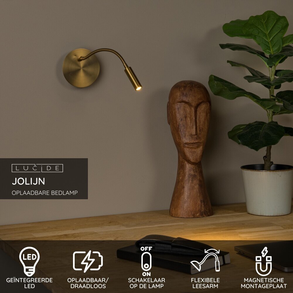 Lucide JOLIJN - Oplaadbare Bedlamp / Wandlamp - Accu/Batterij - Ø 11 cm - LED - 1x2W 3000K - Magnetisch - Mat Goud / Messing