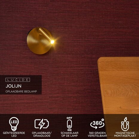 Lucide JOLIJN - Oplaadbare Bedlamp / Wandlamp - Accu/Batterij - Ø 10,2 cm - LED - 1x2W 3000K - Magnetisch - Mat Goud / Messing Lucide JOLIJN - Oplaadbare Bedlamp / Wandlamp - Accu/Batterij - Ø 10,2 cm - LED - 1x2W 3000K - Magnetisch - Mat Goud / Messing