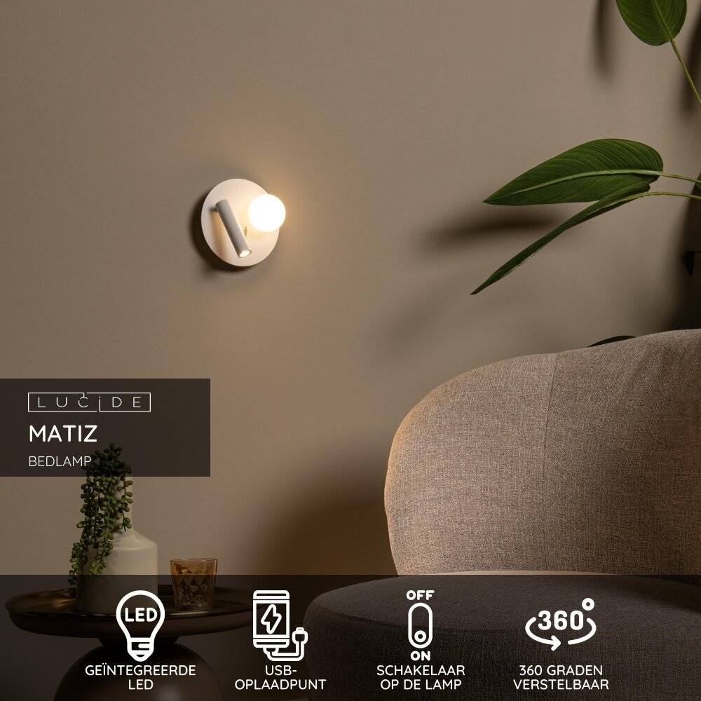 Lucide MATIZ - Bedlamp / Wandlamp - Ø 16,5 cm - LED - 3000K - Met USB oplaadpunt - Wit Lucide MATIZ - Bedlamp / Wandlamp - Ø 16,5 cm - LED - 3000K - Met USB oplaadpunt - Wit