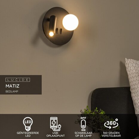 Lucide MATIZ - Bedlamp / Wandlamp - Ø 16,5 cm - LED - 3000K - Met USB oplaadpunt - Zwart Lucide MATIZ - Bedlamp / Wandlamp - Ø 16,5 cm - LED - 3000K - Met USB oplaadpunt - Zwart