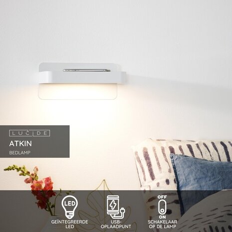 Lucide ATKIN - Bedlamp / Wandlamp - LED - 1x6W 3000K - Met USB oplaadpunt - Wit Lucide ATKIN - Bedlamp / Wandlamp - LED - 1x6W 3000K - Met USB oplaadpunt - Wit