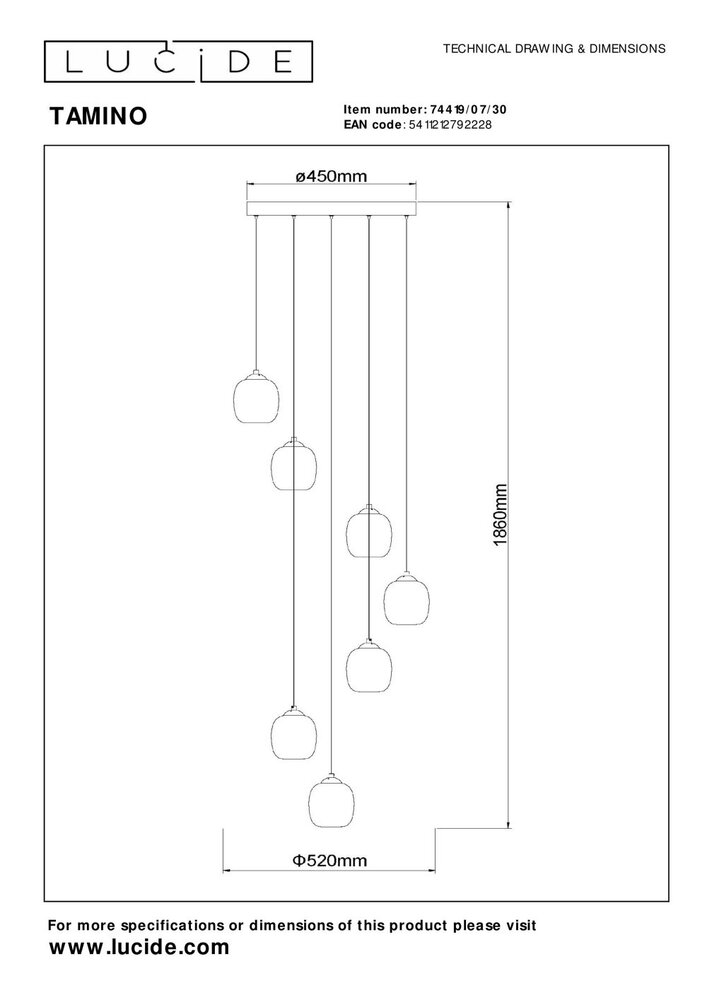 Lucide TAMINO - Hanglamp - Ø 52 cm - LED Dimb. - 7x5,3W 3000K - Zwart Lucide TAMINO - Hanglamp - Ø 52 cm - LED Dimb. - 7x5,3W 3000K - Zwart