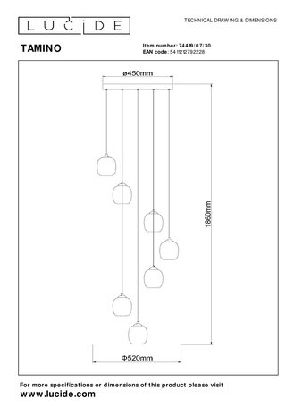 Lucide TAMINO - Hanglamp - Ø 52 cm - LED Dimb. - 7x5,3W 3000K - Zwart Lucide TAMINO - Hanglamp - Ø 52 cm - LED Dimb. - 7x5,3W 3000K - Zwart