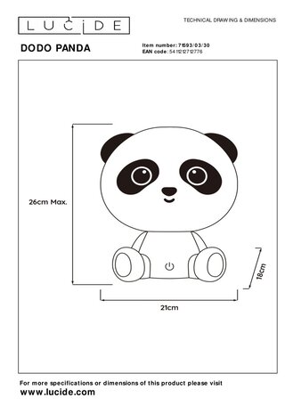 Lucide DODO PANDA - Tafellamp Kinderkamer - LED 3 StepDim - 1x3W 4000K - Zwart Lucide DODO PANDA - Tafellamp Kinderkamer - LED 3 StepDim - 1x3W 4000K - Zwart