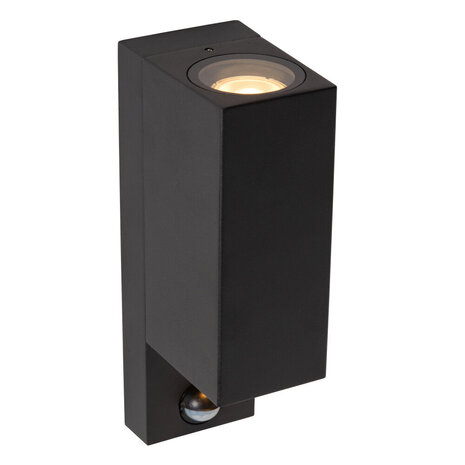 Lucide ZARO - Wandspot / Wandlamp Binnen/Buiten - 2xGU10 - IP65 - Beweging & dag/nacht sensor (uitschakelbaar) - Zwart