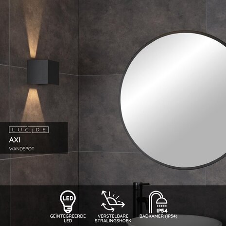 Lucide AXI - Wandspot / Wandlamp Badkamer - LED - 2x3,5W 2700K - IP54 - Verstelbare stralingshoek - Zwart