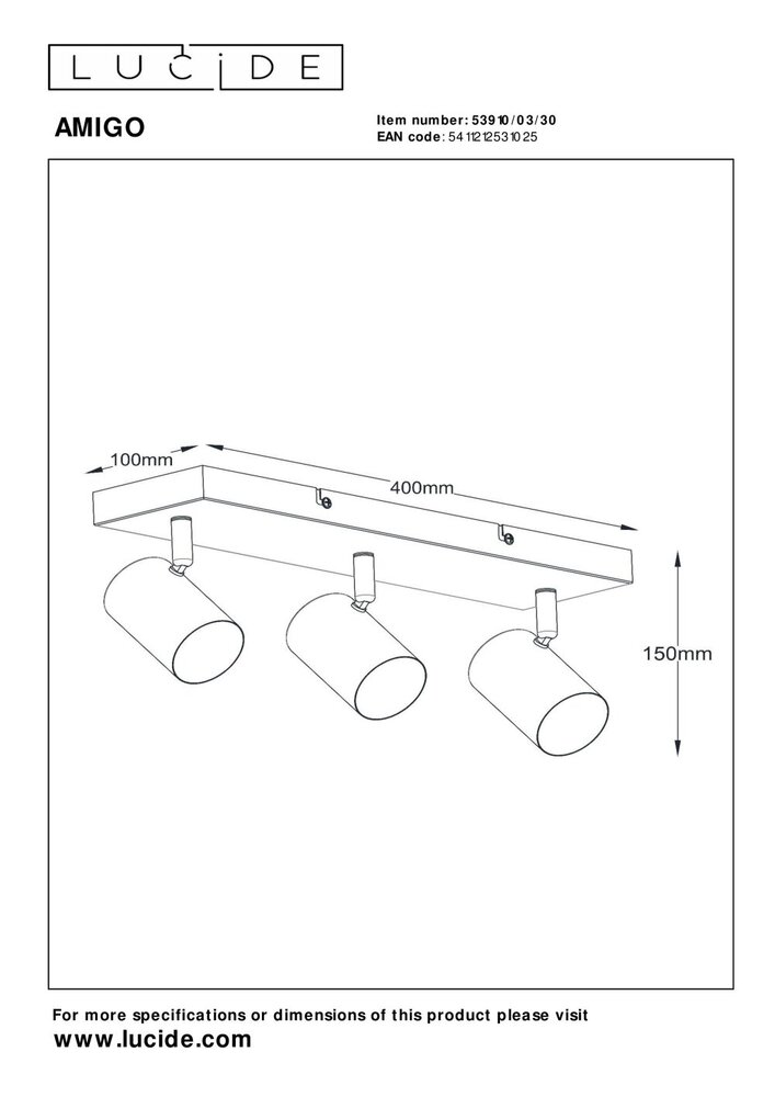 Lucide AMIGO - Plafondspot - 3xGU10 (MR16) - Zwart Lucide AMIGO - Plafondspot - 3xGU10 (MR16) - Zwart