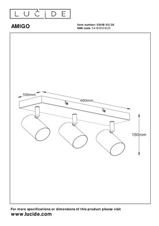 Lucide AMIGO - Plafondspot - 3xGU10 - Zwart Lucide AMIGO - Plafondspot - 3xGU10 - Zwart