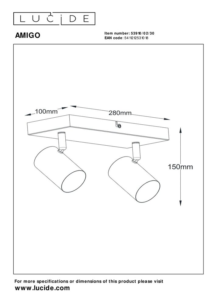 Lucide AMIGO - Plafondspot - 2xGU10 - Zwart Lucide AMIGO - Plafondspot - 2xGU10 - Zwart
