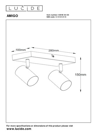 Lucide AMIGO - Plafondspot - 2xGU10 - Zwart Lucide AMIGO - Plafondspot - 2xGU10 - Zwart