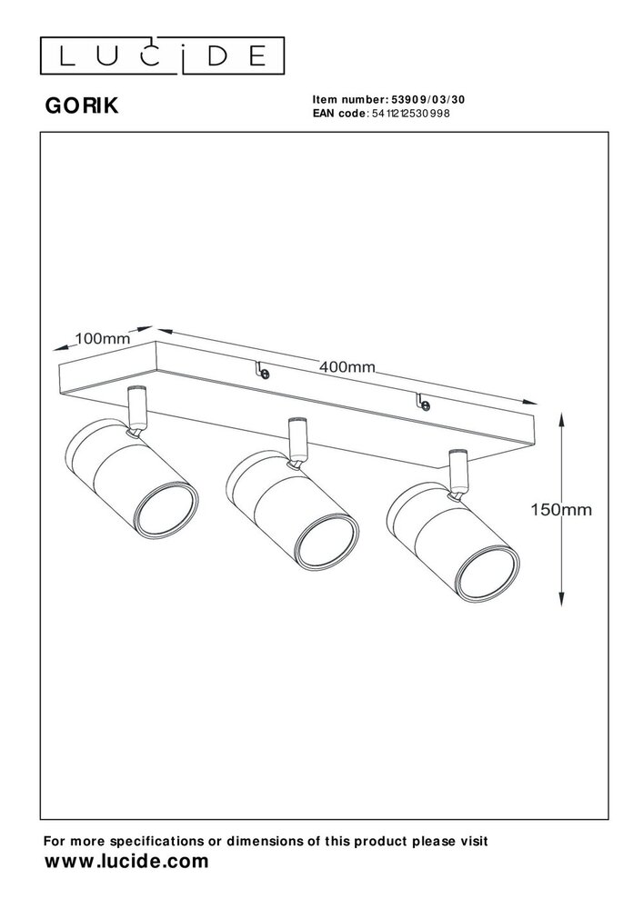 Lucide GORIK - Plafondspot - 3xGU10 (MR16) - Zwart Lucide GORIK - Plafondspot - 3xGU10 (MR16) - Zwart