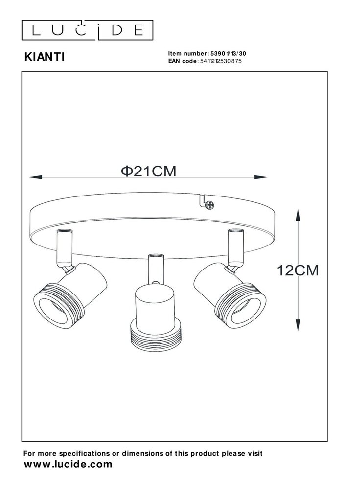 Lucide KIANTI - Plafondspot - Ø 21 cm - 3xGU10 (MR16) - Zwart