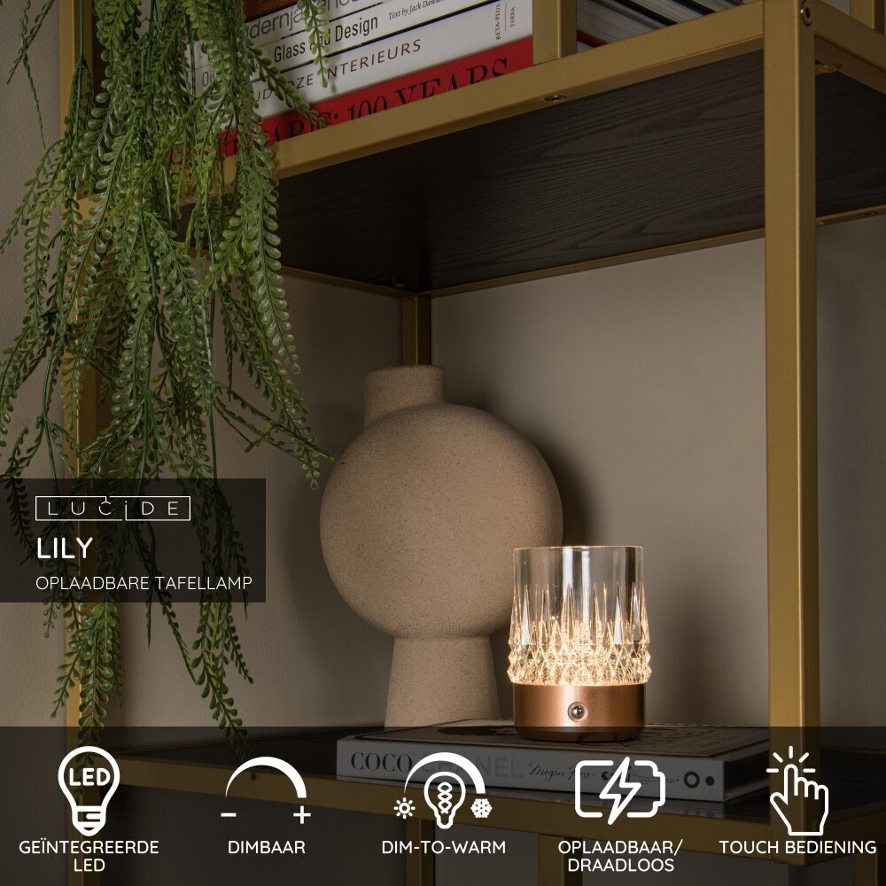 Lucide LILY - Oplaadbare Tafellamp - Accu/Batterij - Ø 8 cm - LED 3 StepDim - 1x3W 2700K/3000K - Koper - Set van 3 Lucide LILY - Oplaadbare Tafellamp - Accu/Batterij - Ø 8 cm - LED 3 StepDim - 1x3W 2700K/3000K - Koper - Set van 3