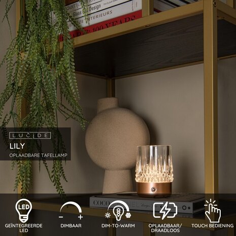 Lucide LILY - Oplaadbare Tafellamp - Accu/Batterij - Ø 8 cm - LED 3 StepDim - 1x3W 2700K/3000K - Koper - Set van 3 Lucide LILY - Oplaadbare Tafellamp - Accu/Batterij - Ø 8 cm - LED 3 StepDim - 1x3W 2700K/3000K - Koper - Set van 3