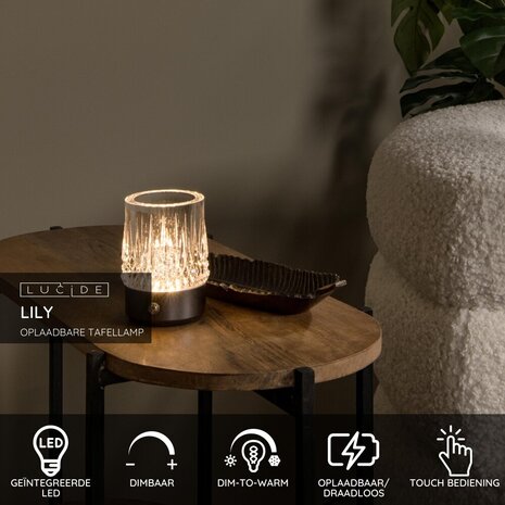 Lucide LILY - Oplaadbare Tafellamp - Accu/Batterij - Ø 8 cm - LED 3 StepDim - 1x3W 2700K/3000K - Zwart chroom - Set van 3 Lucide LILY - Oplaadbare Tafellamp - Accu/Batterij - Ø 8 cm - LED 3 StepDim - 1x3W 2700K/3000K - Zwart chroom - Set van 3