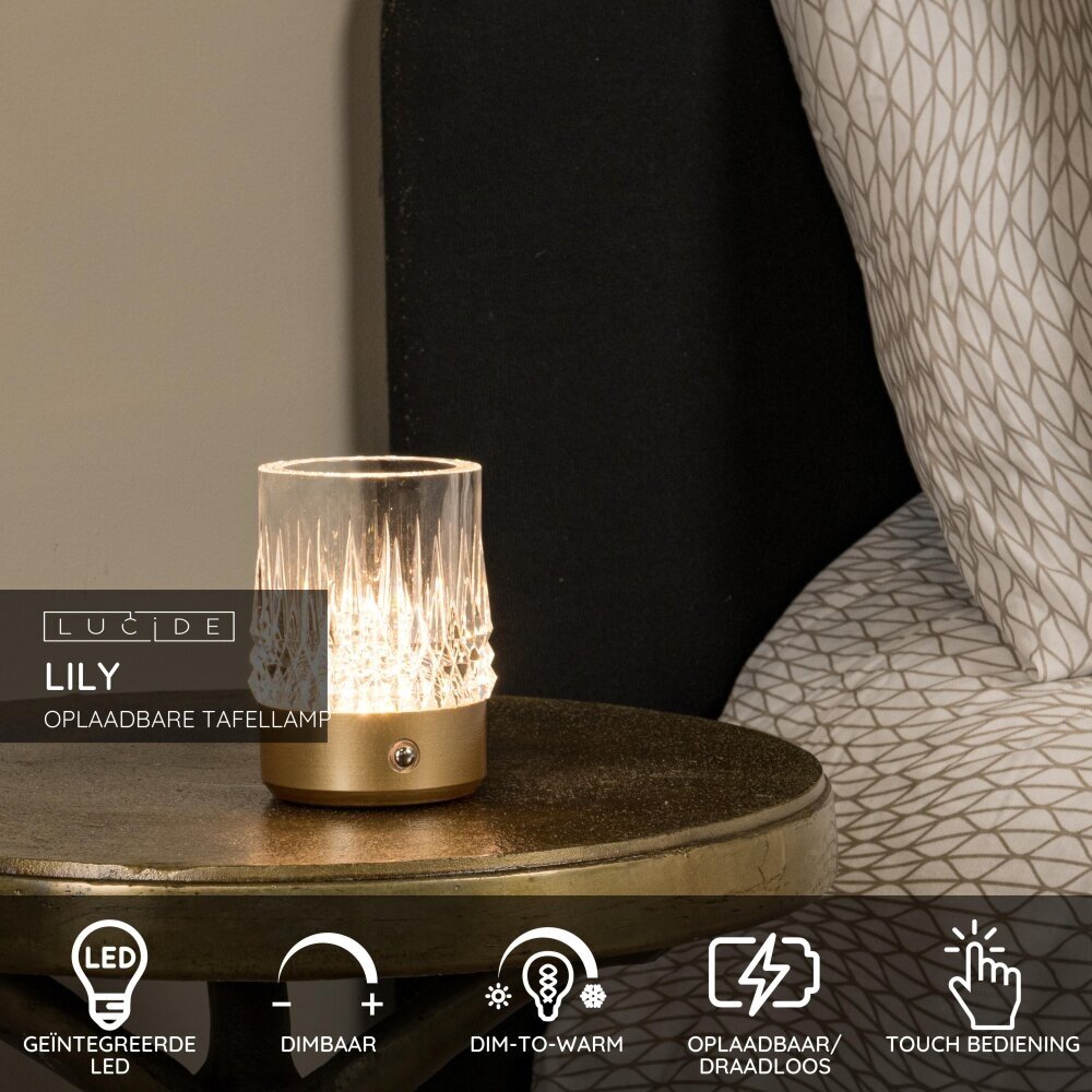 Lucide LILY - Oplaadbare Tafellamp - Accu/Batterij - Ø 8 cm - LED 3 StepDim - 1x3W 2700K/3000K - Mat Goud / Messing - Set van 3 Lucide LILY - Oplaadbare Tafellamp - Accu/Batterij - Ø 8 cm - LED 3 StepDim - 1x3W 2700K/3000K - Mat Goud / Messing - Set van 3